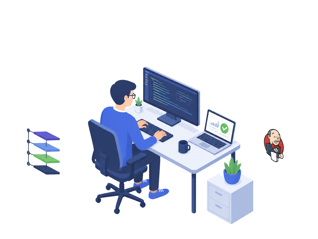 SDET preparing automation interview answers at a desk with framework and CI screens
